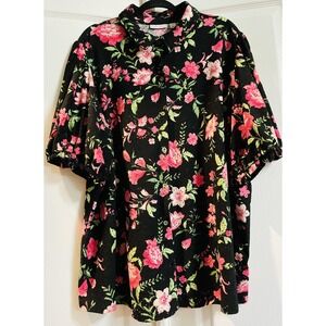 Susan Graver Shirt Womens 3X Black Floral Eyelet Puff Sleeve‎ Tunic Top A687822